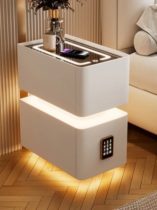 Smart Bedside Table with Wireless Charging and Induction Light, Nordic Style Storage Cabinet, Bedroom Bedside Table