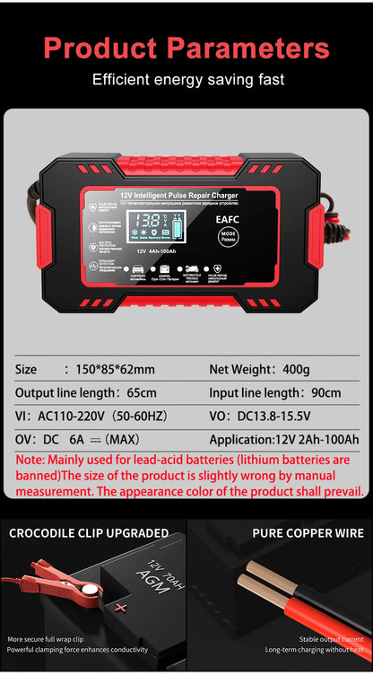 12V6A Smart Battery Charger Pulse Repair LCD Display AGM/GEL/Lead-Acid Auto & Motorcycle