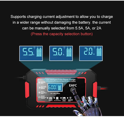 12V6A Smart Battery Charger Pulse Repair LCD Display AGM/GEL/Lead-Acid Auto & Motorcycle
