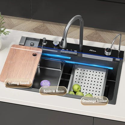 Integrated Digital Display Faucet Set Soap Cup Cleaning Machine 304 Stainless Steel Waterfall Style Kitchen Sink Large Single Slot