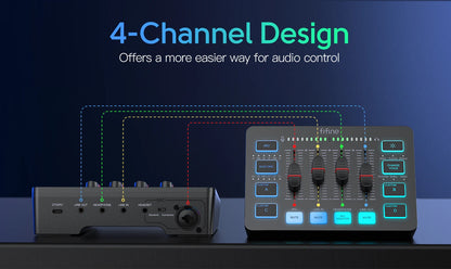 Console de mixage RGB 4 canaux AmpliGame SC3 Pro avec interface XLR/USB et alimentation fantôme 48 V pour jeux/podcasts/YouTube (certifiée Discord/OBS)