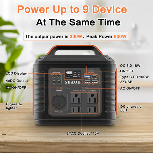 300W/296Wh Solar Generator 110V Pure Sine Wave AC+PD60W Fast Charging Camping Emergency Power Supply (Suitable for CPAP/Car Refrigerator)
