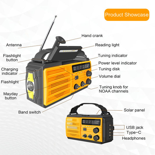 Radio météo d'urgence à énergie solaire/manivelle, récepteur AM/FM/WB avec batterie externe de 2 000 mAh