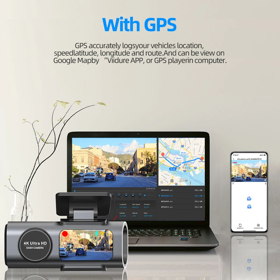 4K Dual Lens Dash Cam w/WiFi GPS 24H Parking Mode Night Vision Car DVR Video Recorder 170°FOV