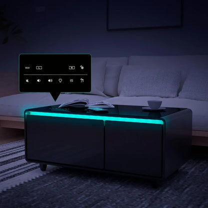 Smart Coffee Table with Built-in Refrigerator, Bluetooth Speaker, Wireless Charging, Touch Panel, and Socket Protection