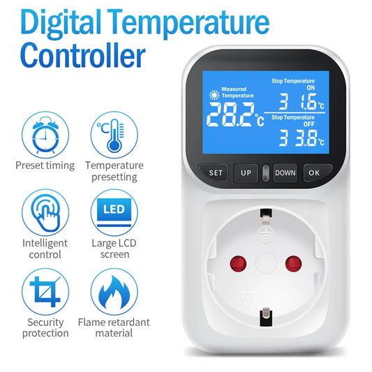 Digitaler Temperaturregler-Thermostat, 16 A, EU-Stecker, mit Timer und Sensorsonde für Heiz-/Kühlgeräte – Hintergrundbeleuchtung und Speicherfunktion