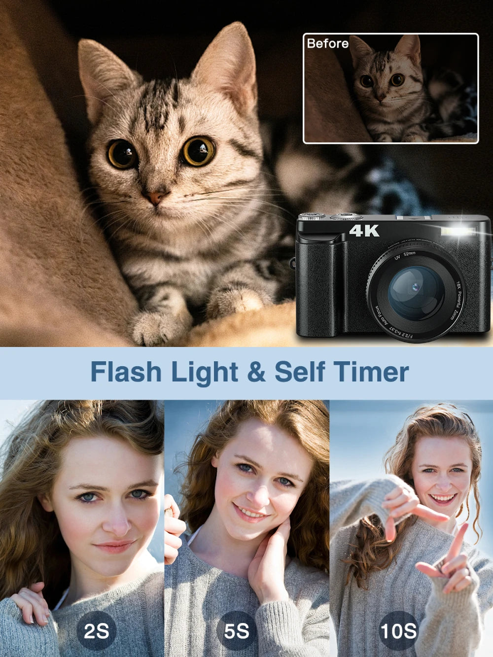 4K/48MP Vlog Camera 3'' Flip Screen Autofocus Anti-Shake 16X Zoom & Flash Compact for Travel