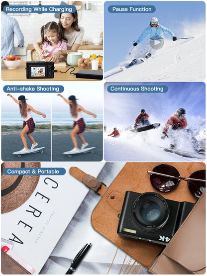 4K/48MP Vlog Camera 3'' Flip Screen Autofocus Anti-Shake 16X Zoom & Flash Compact for Travel