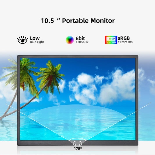 10.5-Inch Portable Monitor 1280P High-Definition 100% sRGB Color Gamut Eye Protection Low Blue Light Switch/PS5/XBox Universal Expansion Screen for Mobile Phones/Computers