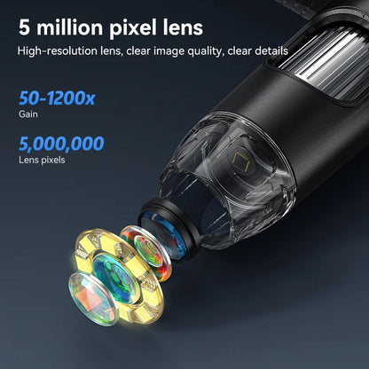 Microscope électronique ultra-clair 5 MP, écran tactile 7 pouces, grossissement 1200x, mesure professionnelle pour pièces de monnaie/PCB avec éclairage 8 LED sans ombre