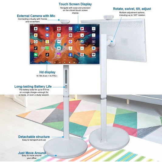 32 inch smart portable TV monitor, mobile smart WiFi touch screen, floor standing smart TV portable monitor