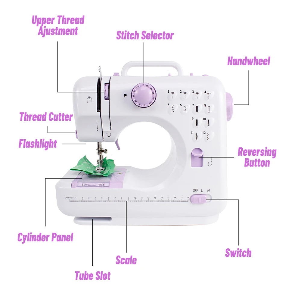 Intelligent speed regulation electric sewing machine, home small 12 thread patterns+LED lighting, travel portable DIY hand tools