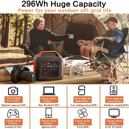 300W/296Wh Solar Generator 110V Pure Sine Wave AC+PD60W Fast Charging Camping Emergency Power Supply (Suitable for CPAP/Car Refrigerator)