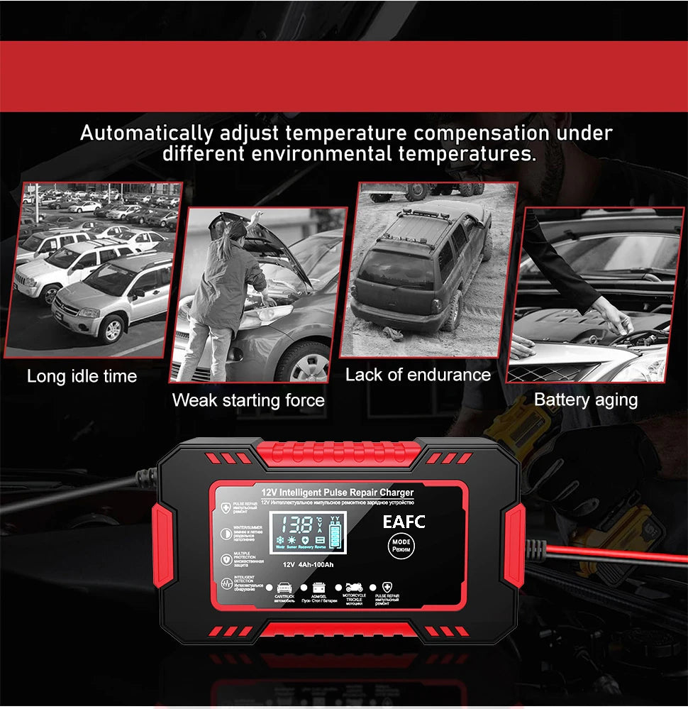 12V6A Smart Battery Charger Pulse Repair LCD Display AGM/GEL/Lead-Acid Auto & Motorcycle