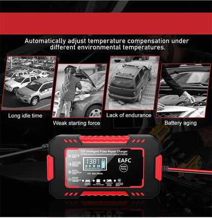 12V6A Smart Battery Charger Pulse Repair LCD Display AGM/GEL/Lead-Acid Auto & Motorcycle
