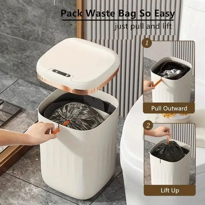 White touchless narrow sensing garbage bin, smart home, smart bathroom, garbage bin, automatic bagging, electronic garbage bin