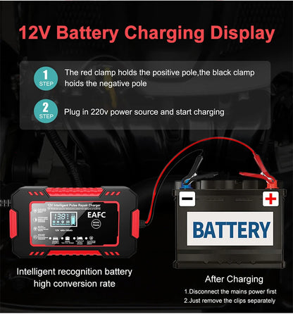 12V6A Smart Battery Charger Pulse Repair LCD Display AGM/GEL/Lead-Acid Auto & Motorcycle
