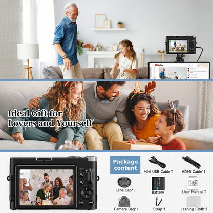 4K/48MP Vlog Camera 3'' Flip Screen Autofocus Anti-Shake 16X Zoom & Flash Compact for Travel