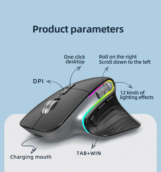 Wireless Gaming Mouse Pro 12 RGB Effects Bluetooth/2.4G Switchable 6000DPI Rechargeable for Computer/Gamer/MacBook