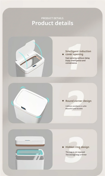 15L intelligent induction garbage bin with automatic packaging and bag changing. Narrow body design suitable for white in bathroom/living room